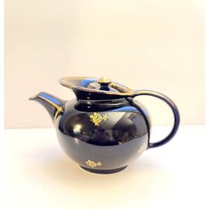 Vintage Hall China Windshield Cobalt Blue Teapot 6 cups Gold Trim Art Deco 1940s